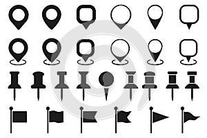 Set of flat icons. Pin map marker, pointer, GPS location and flag