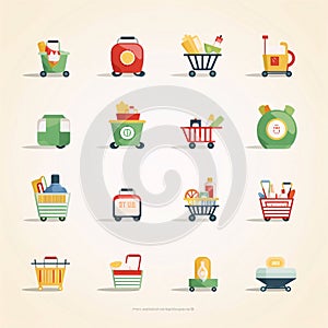 Set of flat icons with shopping cart, food and drinks, vector illustration