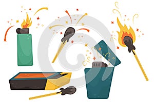 Set with flat illustrations of matches, lighters and matchbox