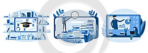 Set of flat illustrations online learning, data analysis and information retrieval. Vector icons for website development