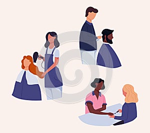 Set of flat illustrations of people in a beauty salon, service industry. Hairdresser with hairdryer, manicurist, nail