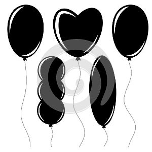 Set of flat isolated black silhouettes of balloons on ropes. Simple design on white background