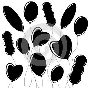 Set of flat isolated black silhouettes of balloons on ropes. Simple design on white background