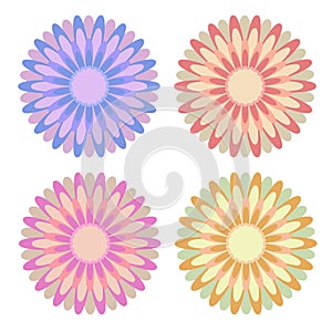 Set of flat isolated colored yellow, red, pink, blue abstract flowers on a white background. Simple design for decoration