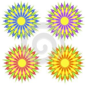 Set of flat isolated colored yellow, red, purple, blue abstract flowers on a white background. Simple design for decoration