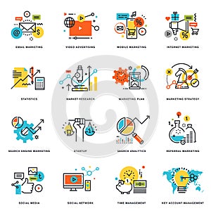 Set of flat line design icons of internet marketing and online business