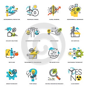 Set of flat line design icons of nature, ecology, green technology and recycling