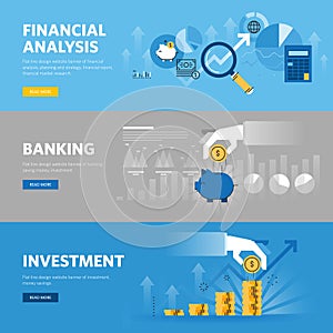 Set of flat line design web banners for banking and finance, investment, market research, financial analysis, savings