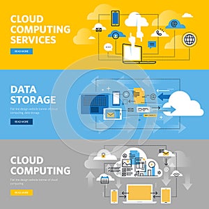 Set of flat line design web banners for cloud computing services and technology, data storage