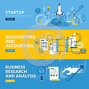 Set of flat line design web banners for company startup, finance, bookkeeping and accounting, business research and analysis
