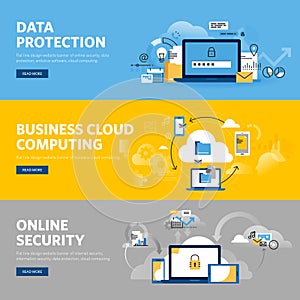 Set of flat line design web banners for data protection, internet security