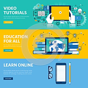 Set of flat line design web banners for distance education, online learning, video tutorials