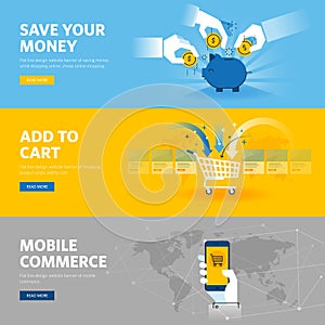 Set of flat line design web banners for mobile commerce, banking and savings, online shopping, m-banking