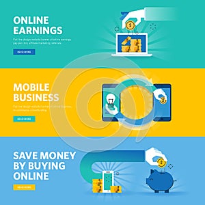 Set of flat line design web banners for online earning, pay per click, mobile business, m-commerce