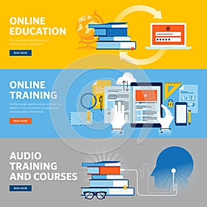 Set of flat line design web banners for online education, online training and courses