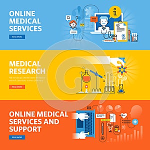 Set of flat line design web banners for online medical services and support