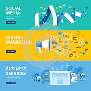 Set of flat line design web banners for social media, internet marketing, networking and business services