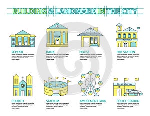 Set of Flat line icon & infographic design concept, Buildings