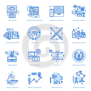 Set of flat line icons of graphic and web design and development