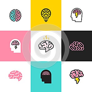 Un conjunto compuesto por un piso línea iconos a logotipos de cerebro método creativo de resolución de problemas basado en la solución grupal 