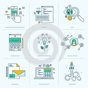 Set of flat line icons for web development