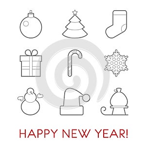 Set of flat line New Year icons. Ball, tree, sock, candy, snowflake, snowman, hat and a sled with a bag of gifts.