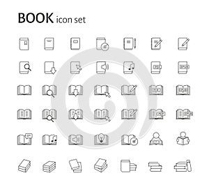 Set of flat linear simple book icons. Group of pictograms for reading, studying, information, education concept. Vector line