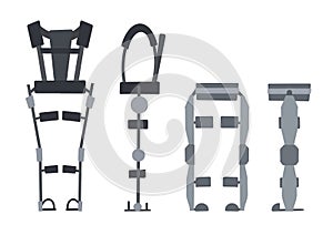 Set of flat medical exoskeleton isolated on a white background. Help for people with disabilities. Vector exosuit