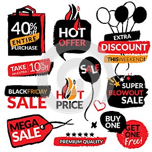 Set of flat modern and hand drawn design sale stickers. Collection of vector illustrations for on line shopping, product promotion