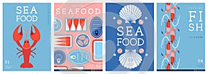Set of flat modern magazine covers or posters with seafood. Restaurant seafood menu design.