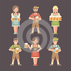 Set of flat Oktoberfest characters on dark background