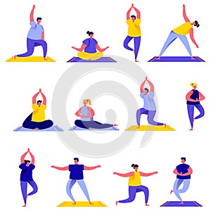 Set of flat people group doing yoga exercises characters. Bundle cartoon people fitness, sport and healthy