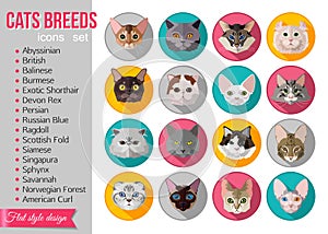 Set of flat popular breeds of cats icons