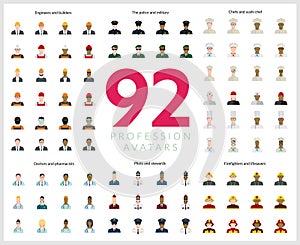 Set of 92 flat profession avatars. Engineers and builders, firefighters and lifesavers, police and military, pilots and stewards