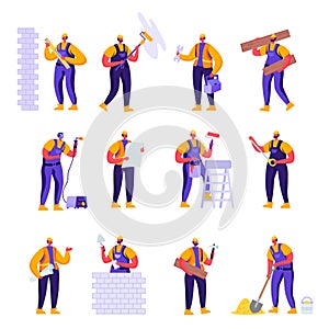 Set of Flat Professional Construction Workers Engineers Characters. Cartoon People Male in Uniform Overalls