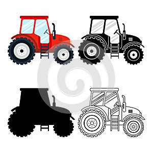 Set of flat red, black, thin line tractors on the white background. Farming vehicle icon machinery, agricultural