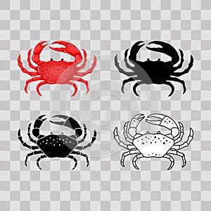 Set of flat red, black, thin line white crab isolated on transparent background - vector illustration. Sea water animal