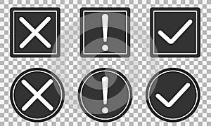 Set of flat round check mark, exclamation point, X mark icons, buttons on a isolated background. vector circle symbols