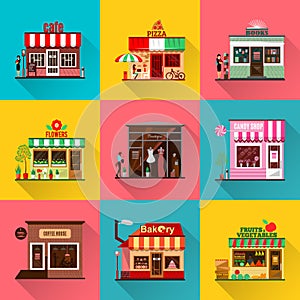 Set of flat shop building facades icons with shadow