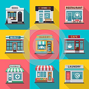 Set of flat shop building facades icons. Vector illustration for local market store house design photo