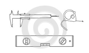 Set of 3 flat and simple icons of tools drawing with black lines on white background. Vector measuring tools. Element