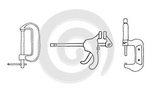 Set of 3 flat and simple icons of tools drawing with black lines on white background. Vector clips tools. Element for