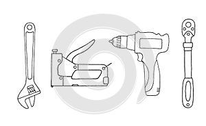 Set of 4 flat and simple icons of tools drawing with black lines on white background. Vector connecting tools. Element