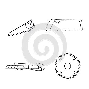 Set of 4 flat and simple icons of tools drawing with black lines on white background. Vector cutting tools. Element for