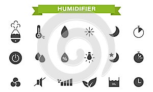 A set of flat simple monochrome icons on the theme of the humidifier. Buttons and symbols that indicate humidity, temperature,