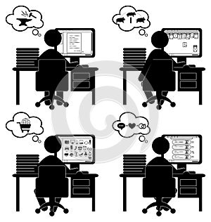 Set of flat situation office icons with computer isolated