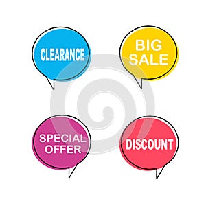 Set of flat speech bubble shaped banners, price tags, stickers, badges.