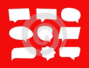 Set of flat speech bubbles. Collection of isolated white elements on red background.