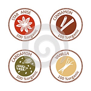 Set of flat spices stamp labels. 100 organic. collection