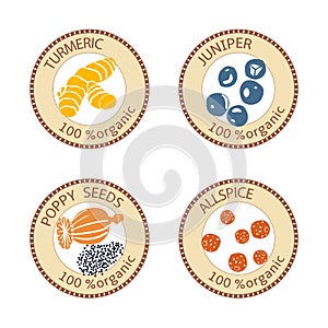 Set of flat spices stamp labels. 100 organic. collection